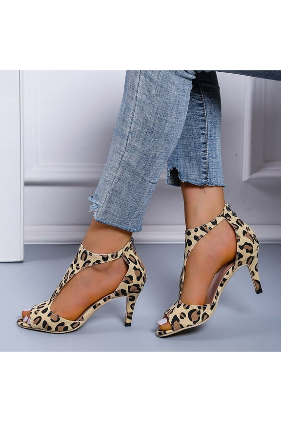 Stiletto Sandals for Women Women's Sandals Prom Comfort Stretchy Beach Sandals Pull-On Shoes Low Heel (1"-2") Wide Leopard Animal Print Sandals for Older Women Party Brown