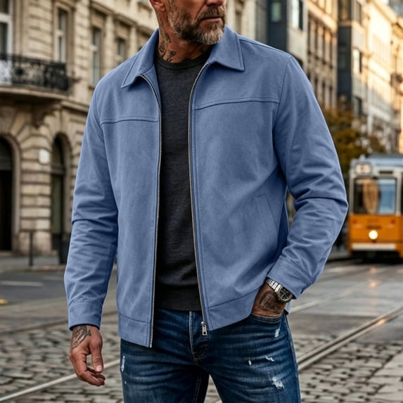 WIZUTIZ Suede Jacket For Men Zip Up Long Sleeve Fold Collar Work Jacket Casual Fall Winter Coat With Pockets Black Blue White