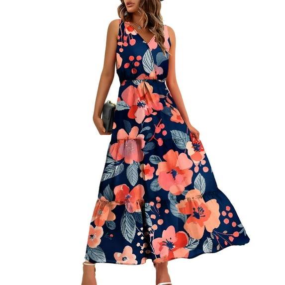 WIZUTIZ Summer Dresses for Women 2025 Leisure Plus Size High Rise Smocked Floral Print Vacation Dress Sleeveless V-Neck Beach Dress for Lady Ankle-Length Wrinkle-Free Club Dress Orange