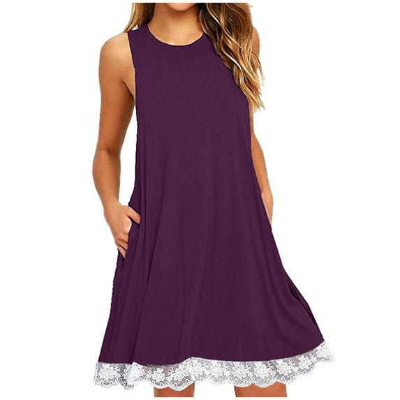 WIZUTIZ Summer Dresses for Women 2025 Stretch Relaxed Fit Knee-Length Solid Shift Dress Round Neck Sleeveless Sun Dresses for Teen Girls Pockets Lacy Hem Stylish Work Dress Purple S