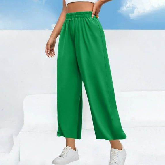 WIZUTIZ Summer Pants for Women Comfy Stylish Baggy Wide Leg Palazzo Pants Stretch Elastic High Rise 7/8 Length Summer Pants Solid Straight Leg Sweatpants for Ladies Swim Vacation Green