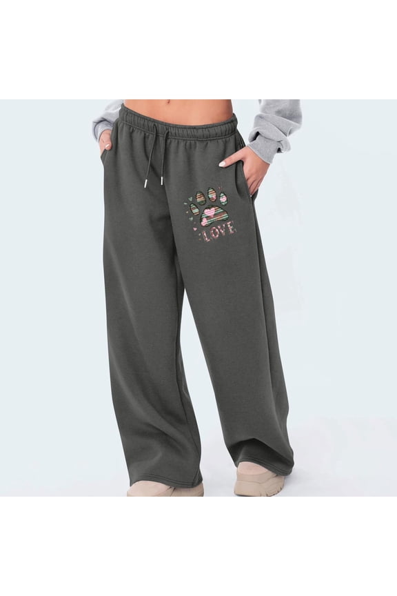 Summer Pants for Women Lightweight Trendy Loose Wide Leg Sweatpants Stretch Elastic High Waist 7/8 Length Summer Pants Heart Print Drawstring with Pockets Trousers for Lady Fitness Travel Gray