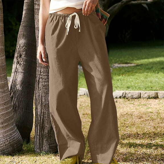 WIZUTIZ Summer Pants for Women Thin Leisure Relaxed Fit Wide Leg Slacks Pants Elastic Spandex High Waist 7/8 Length Pants Solid Drawstring with Pockets Sweatpants for Lady Office Anniversary Brown