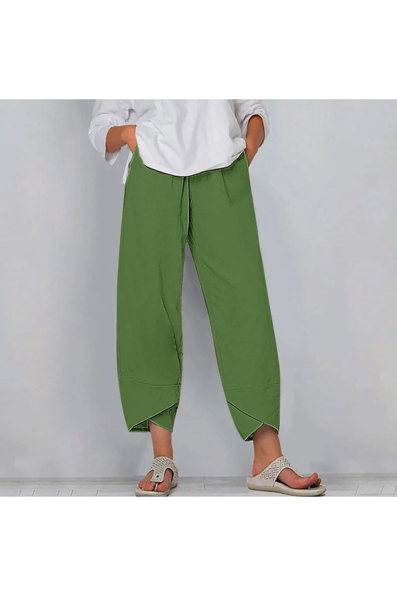 Summer Pants for Women Thin Trendy Loose Wide Leg Trousers Stretch Elastic High Waist 7/8 Length Trousers Solid Asymmetrical Cropped Pants for Teen Girls Dance Beach Green