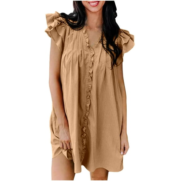 WIZUTIZ Sundresses for Women 2025 Relaxed Fit Baggy High Waist Pleated Ruffled Collared Solid Sun Dresses 1/4 Sleeve V-Neck Shift Dress for Womens Mini Dress Breathable Shopping Dress Green
