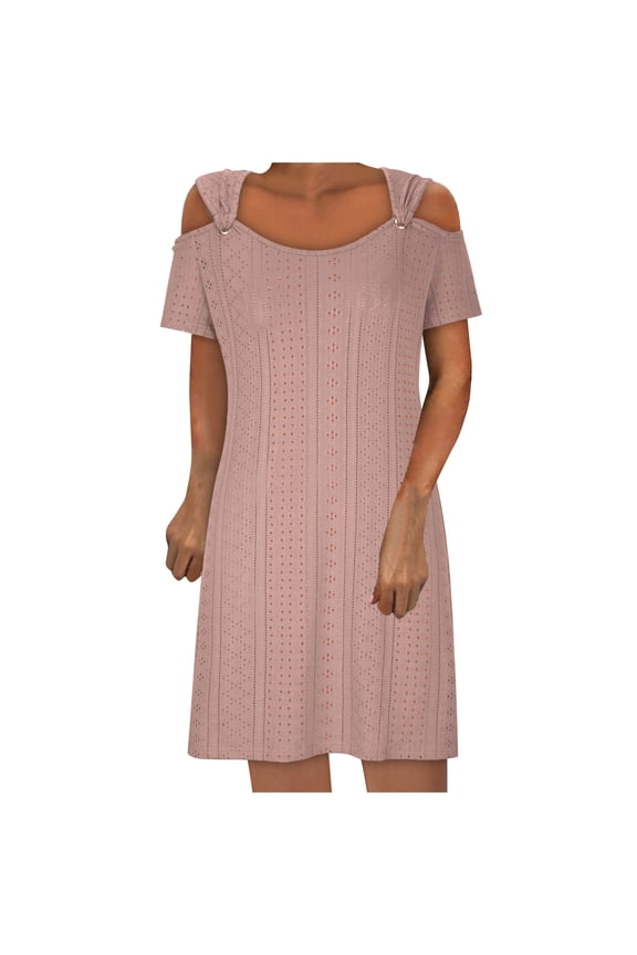 Sundresses for Women 2025 Stylish Casual Cold Shoulder Mini Dress Solid Vacation Dress Round Neck Short Sleeve Peplum Dress for Ladies Crochet Linen Prom Dress