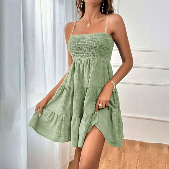 WIZUTIZ Sundresses for Women 2025 Stylish Casual Mini Dress Solid Beach Dress Round Neck Sleeveless Pleated Dress for Womens Tunic Spaghetti Strap Casual Party Dress Green XL
