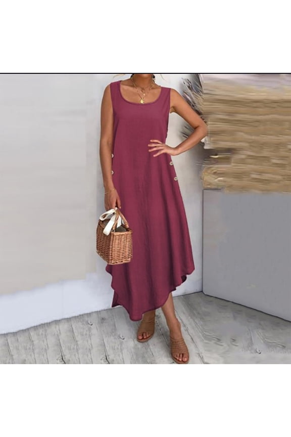 Sundresses for Women 2025 Trendy Comfy Midi Dress Solid Vacation Dress Round Neck Sleeveless Sun Dress for Women's Button Down Asymmetrical Super Soft Anniversary Dress Wine XXXXL