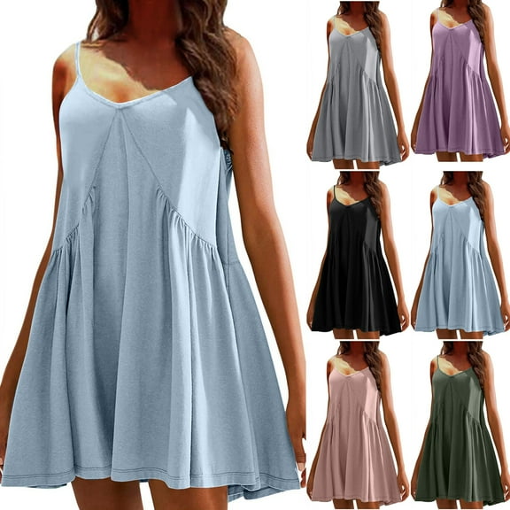 WIZUTIZ Sundresses for Women 2025 Trendy Plus High Rise Halter Smocked Solid Shift Dress Sleeveless V-Neck Peplum Dress for Womens Mini Dress Comfy Anniversary Dress Green