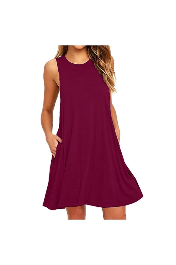 Sundresses for Women Baggy Swing Mini Dress Solid Sun Dress Crew Neck Sleeveless Peplum Dress for Ladies Plain with Pockets Trendy Work Dress Wine XXL