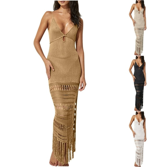 WIZUTIZ Sundresses for Women Casual Slimming Strappy Cutout Tassel Solid Peplum Dress Sleeveless V-Neck Beach Dress for Women's Maxi Dress Wrinkle-Free Party Dress Brown