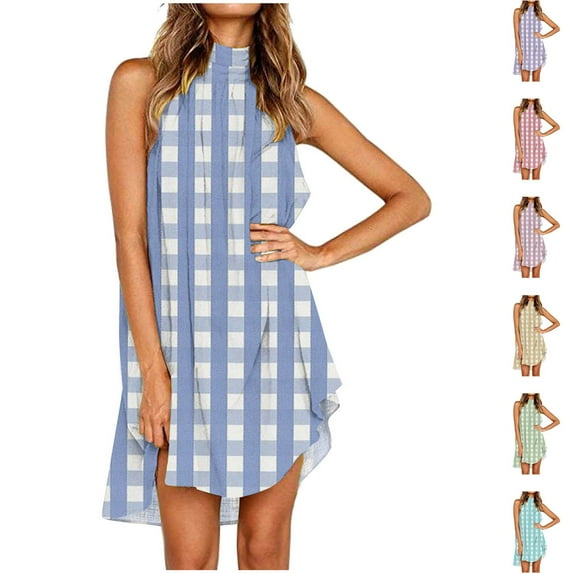 WIZUTIZ Sundresses for Women Flowy Relaxed Fit Hanging Neck Knee-Length Plaid Shift Dress Round Neck Sleeveless Vacation Dress for Womens High-Low Pleated Leisure Staying at Home Dress Green