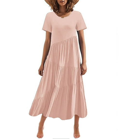 WIZUTIZ Sundresses for Women Flowy Relaxed Fit Smocked High Waist Tiered Dress Solid Vacation Dress Short Sleeve Crew Neck Peplum Dress for Women's Ankle-Length Breathable Dress Pink