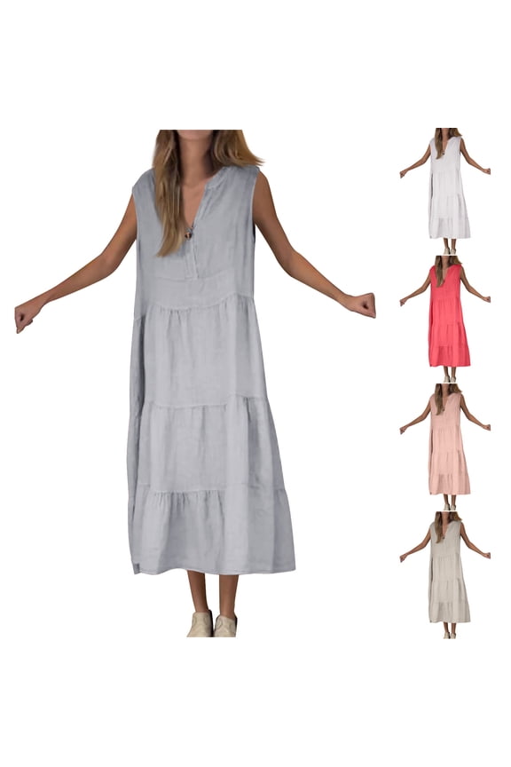 Sundresses for Women Leisure Loose Fit Linen Smocked Button Down Solid Sun Dress Sleeveless V-Neck Beach Dress for Ladies Midi Dress Super Soft Wedding Dress Blue