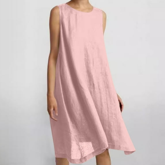 WIZUTIZ Sundresses for Women Linen Loose Flowy Knee-Length Solid Vacation Dress Crew Neck Sleeveless Sun Dress for Ladies Plain Stretch Party Dress Pink L