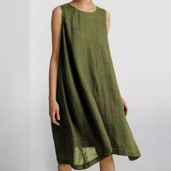 WIZUTIZ Sundresses for Women Linen Loose Flowy Knee-Length Solid Vacation Dress Round Neck Sleeveless Vacation Dress for Women's Plain Loose Fit Shopping Dress Green S
