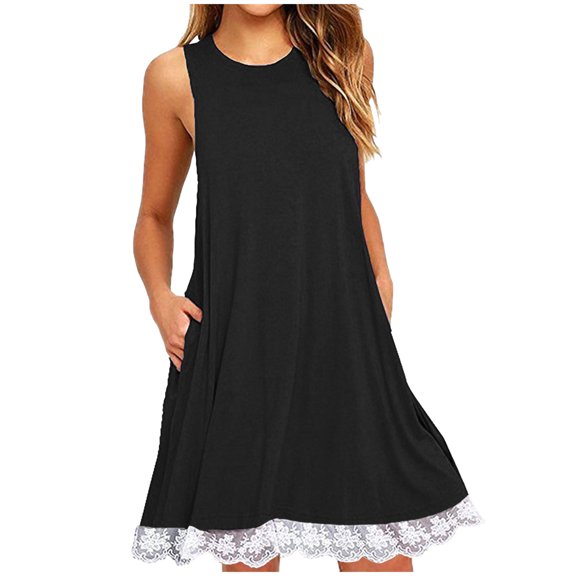 WIZUTIZ Sundresses for Women Loose Swing High Rise Mini Dress Solid Shift Dress Round Neck Sleeveless Pleated Dress for Women's Lace Trim with Pockets Super Soft Date Dress Black XXL