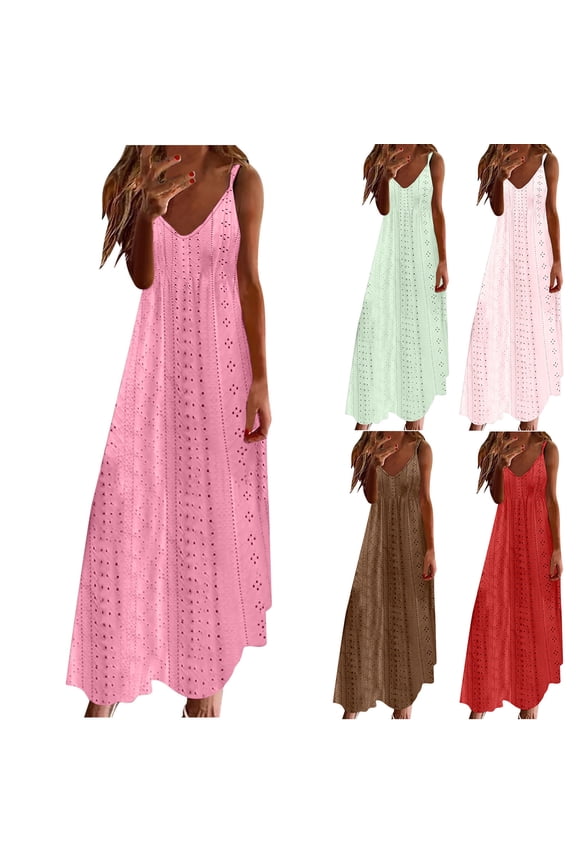 Sundresses for Women Relaxed Fit Baggy High Waist Crochet Cutout Solid Tank Dress Sleeveless V-Neck Shift Dress for Lady Maxi Dress Breathable Wedding Dress Pink