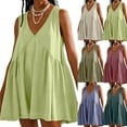 thumbnail image 1 of WIZUTIZ Sundresses for Women Relaxed Fit Loose Fit High Rise Pleated Ruffled Solid Vacation Dress Sleeveless V-Neck Vacation Dress for Womens Mini Dress Stretchy Work Dress Beige, 1 of 7