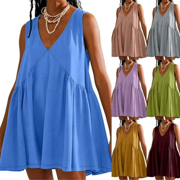 WIZUTIZ Sundresses for Women Stylish Loose Fit High Rise Ruffled Pleated Solid Tank Dress Sleeveless V-Neck Vacation Dress for Ladies Mini Dress Stretchy Birthday Dress Gray