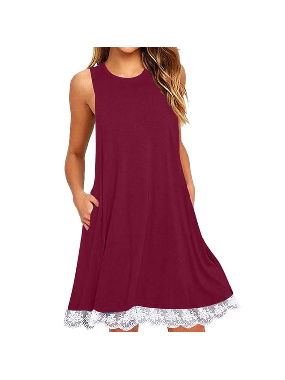 Sundresses for Women Stylish Relaxed Fit High Rise Mini Dress Solid Shift Dress Round Neck Sleeveless Vacation Dress for Womens Lace Trim with Pockets Loose Fit Prom Dress Wine XXL