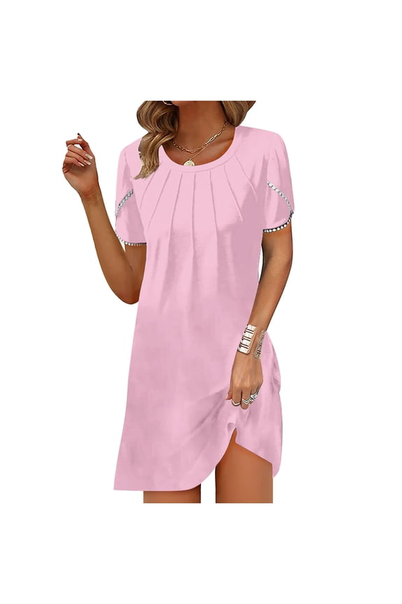Sundresses for Women Trendy Baggy High Rise Smocked Front Solid Vacation Dress Short Sleeve Round Neck Vacation Dress for Teen Girls Mini Dress Wrinkle-Free Dress Pink