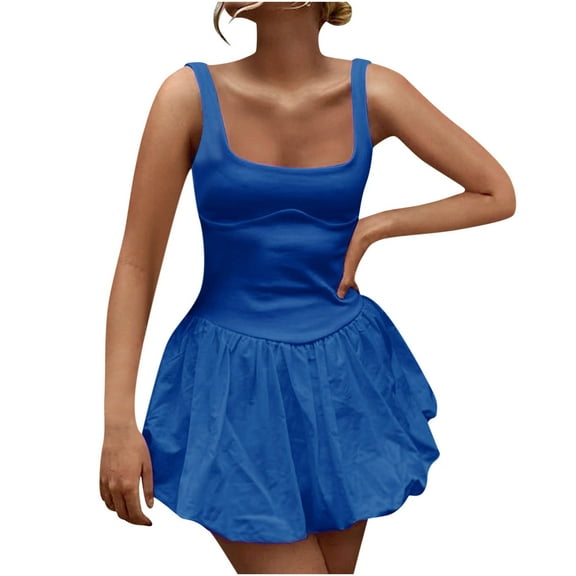 WIZUTIZ Sundresses for Women Trendy Swing High Rise Mini Dress Solid Pleated Dress U Neck Sleeveless Beach Dress for Women's Tunic Peplum Linen Vacation Dress Blue L