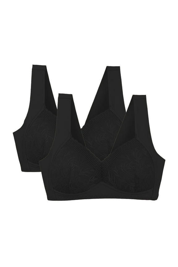 Supportive Bras for Women 2PCS Push up Bralettes Wireless Underarm Smoothing Retro Full Coverage Bralette with Wide Straps Floral Print Embroidered Underwear for Lady Running S Black