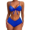 thumbnail image 1 of WIZUTIZ Swimming Suits for Women 2 Piece Push Up Adjustable Spaghetti Strap Swim Top with Mid Rise Swim Shorts Twist Front Pleated Bikini Solid Bathing Suit Sleeveless V-Neck Bathing Suit Beach Blue, 1 of 5