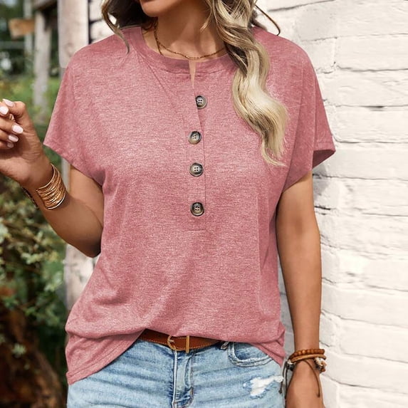 WIZUTIZ T Shirts for Women Holiday Saving Cotton Linen Tshirt Short Sleeve Plus Size Cotton Blend Solid Blouse Cotton Soft V-Neck Tee Oversize Athletic Tshirts Work Out Fashion Ladies T-shirt Pink