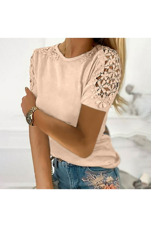 T Shirts for Women Round Neck Slim Fit Cutout Short Sleeve Tops Lace T-Shirt Cotton Casual Ladies Trendy Blouse Women's Summer Tops up to 60% Off Beige XXXL