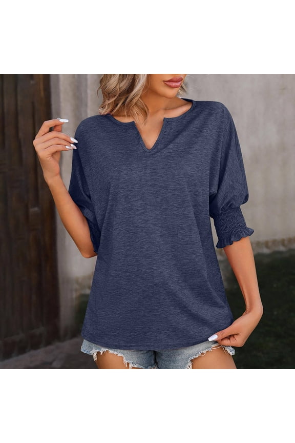 T Shirts for Women Short Sleeve Solid Oversize V-Neck Cozy Style Vintage Shirts T-shirts Plain Ladies Tshirts Trendy Work Out Tshirt Tops Sports Holiday Beach Tee Blouse up to 50% Off Navy S