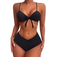 thumbnail image 1 of WIZUTIZ Tankini Swimsuits for Women 2 Piece Push Up Adjustable Spaghetti Strap Swim Top with Mid Rise Swim Shorts Twist Front Pleated Bikini Solid Bathing Suit V-Neck Tankini Tops Black, 1 of 5
