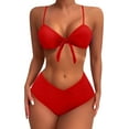 thumbnail image 1 of WIZUTIZ Tankini Swimsuits for Women 2 Piece Push Up Adjustable Spaghetti Strap Swim Top with Mid Rise Swim Shorts Twist Front Pleated Bikini Solid Bathing Suits V-Neck Bathing Suit Red, 1 of 4