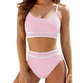 thumbnail image 1 of WIZUTIZ Tankini Swimsuits for Women Spaghetti Strap High Rise Push Up Slimming Swim Top with Swim Shorts Ribbed Color Block Bathing Suit Sleeveless U Neck Swimwear 2 Piece with Liner Outdoor Pink, 1 of 2