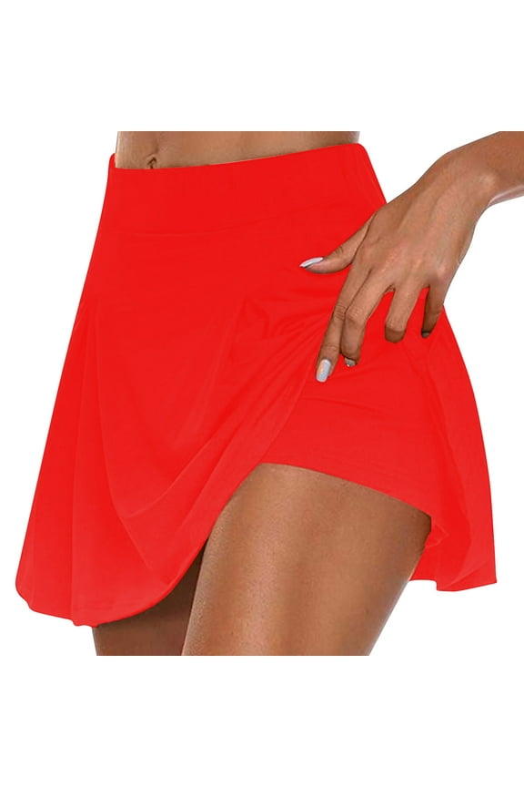 Tennis Dress Women Athletic Lightweight Relaxed Slimming Flowy Skorts Pleated Elastic Stretch High Waist A Line Dress Fake Two Piece Trouser Skirt Solid Mini Dress for Lady Travel Red