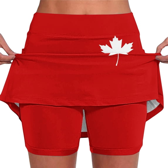 WIZUTIZ Tennis Dresses for Women Builtin Shorts Gym Plain Stylish Slimming Flowy Skorts Smocked Spandex Elastic High Rise Built-In Shorts Skirt Maple Leaf Floral Print Mini Skirt Work Red