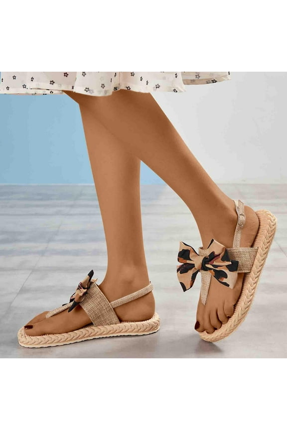 Thong Sandals for Women Beach Sandals for Women 2025 Hiking Comfortable Stretch Bow Tie Sandals Pull-On Summer Shoes Flat Heel (O"-1) Medium Leopard Animal Print Sandals for Lady Beach Brown