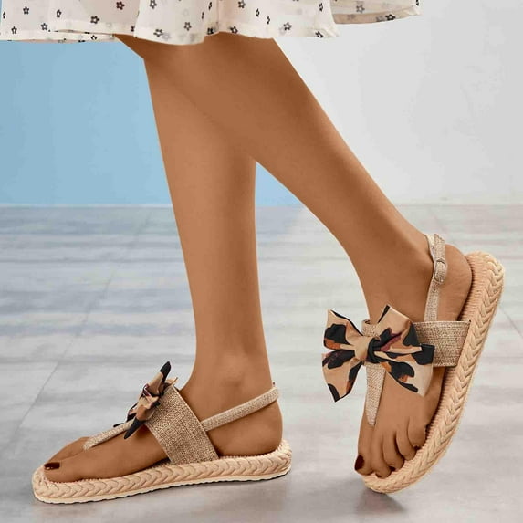 WIZUTIZ Thong Sandals for Women Beach Women's Sandals Gym Comfort Elastic Bow Tie Sandals Pull-On Summer Shoes Mid Heel (2"-3") Wide Leopard Animal Print Sandals for Older Women Travel Brown