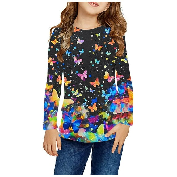 WIZUTIZ Toddler Full Figure Butterfly Fall Shirt Baby Toddlers Gorgeous Tees and Blouses Long Sleeve Tops Round Neck T Shirt Fall Savings