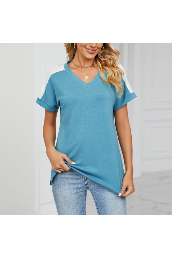 Top for Women Holiday Saving Plus Casual Breathable Tops Solid Plain V-Neck T-shirt Elegant Ladies Tshirt Trendy Ultra Soft Tee Shirts Loose Fit Oversize Short Sleeve Blouse Tshirts Light Bl