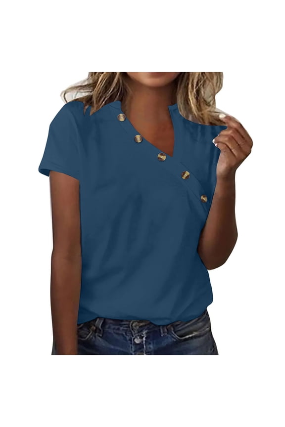 Tops for Women Plus Size Ultra Soft Basic Plain Tops Ladies Cotton Linen Short Sleeve Tshirts Sports Solid Tee Holiday Beach Oversize Blouse Lightweight V-Neck T-shirt Blue S