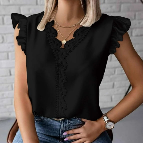 WIZUTIZ Tops Women's Clearance Sales Flowy Summer-Beach Lightweight Shirts Solid Elegant Ladies Tshirts Fluffy Short Sleeve Tee Fashion Sports Tops Tshirt Athletic Vintage V-Neck T-shirt Blouse Bl