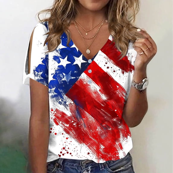 WIZUTIZ Red White and Blue Shirts for Women Tops Women's Flowy Elegant Loose Fit Tshirt Short Sleeve Fashion Solid T-shirt Cotton Soft V-Neck Tshirts Plus Tee Tops Tunics Work Out Ladies Blouse Shirts