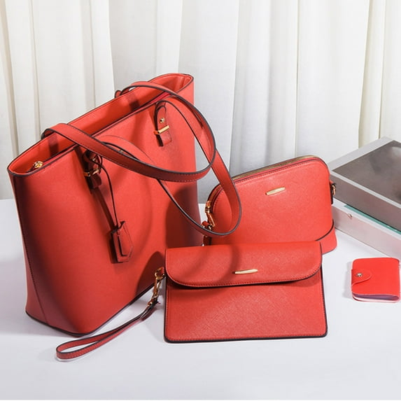 WIZUTIZ Tote Bags for Women Womens Handbags with Adjustable Strap Zipper Pockets Medium Solid Bags Water Resistant Classic Bag 4 PC Red