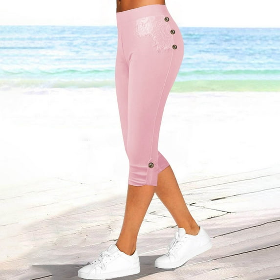 WIZUTIZ Trouser Yoga Pants for Women Capri Breathable Relaxed Slimming Button Side Yoga Trousers Spandex Elastic Mid Rise 3/4 Length Trousers Solid Sweatpants for Ladies Running Party Pink