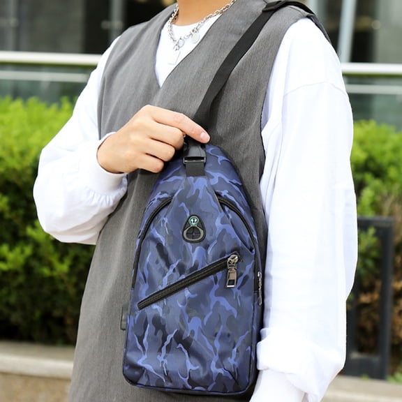 WIZUTIZ USB Charging Small Satchel, Camouflage Trend Casual Satchel, Outdoor Shoulder Bag, Chest Bag Waist Bag Womens Messenger Bags Womens Crossbody Bags Shoulder Bags Easy Carry Any Phone Bag Blue