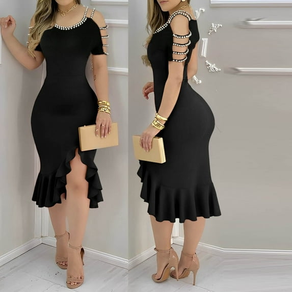 WIZUTIZ Wedding Guest Dress Women Cold Shoulder Slim Fit Wrap Dress Midi Dress Solid Pleated Dress Crew Neck Sleeveless Pleated Dress for Ladies Slit Ruffled Comfy Shopping Dress Black S