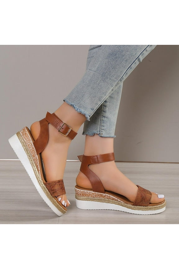 Wedge Sandals for Women Comfortable Sandals for Women Dating Comfortable Elastic Beach Sandals Buckle Round Toe Shoes Flat Heel (O"-1) Wide Solid Sandals Daily New Arrivals Brown