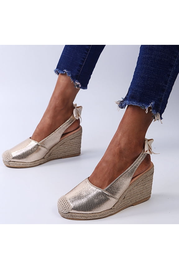 Wedge Sandals for Women Comfortable Sandals for Women Elastic Hiking Comfortable Bow Tie Sandals Pull-On Summer Shoes Mid Heel (2"-3") Wide Solid Sandals for Ladies Mother's Day Gifts Gold